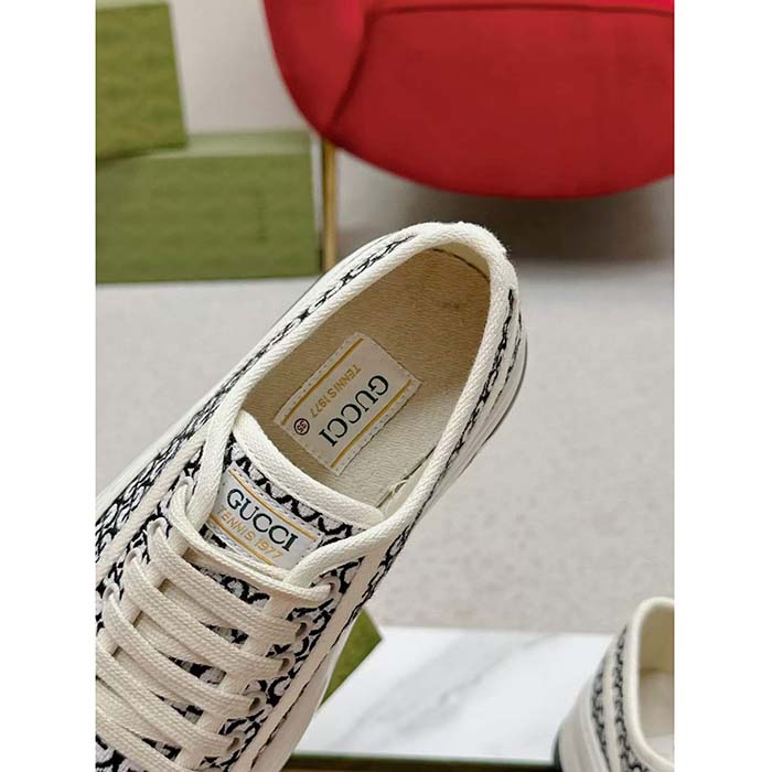 Gucci Unisex GG Sneaker Tennis 1977 Ivory Black Canvas Jacquard Low Heel