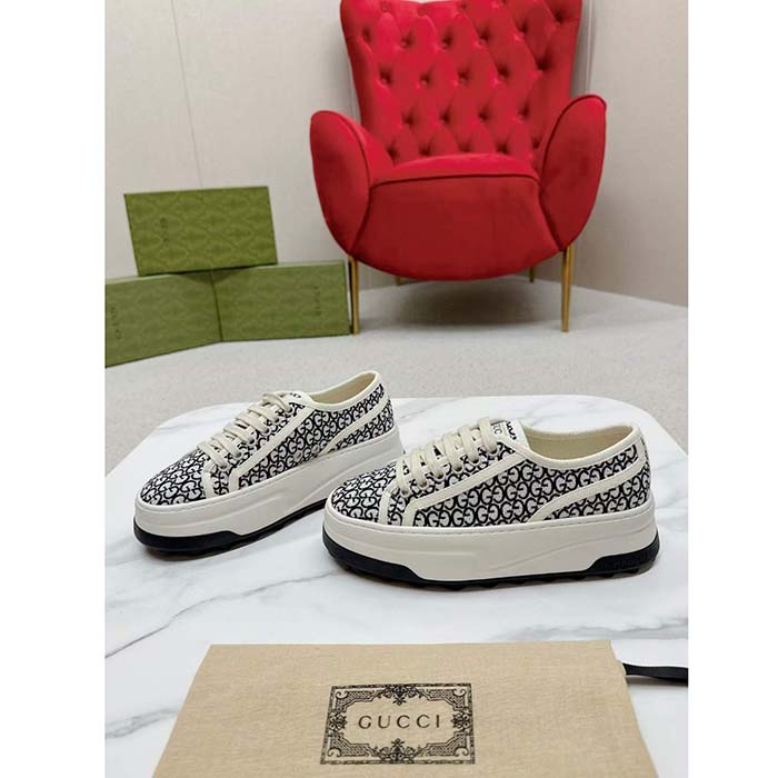 Gucci Unisex GG Sneaker Tennis 1977 Ivory Black Canvas Jacquard Low Heel