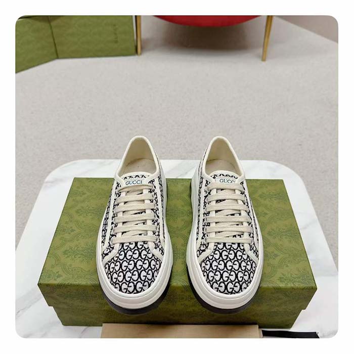 Gucci Unisex GG Sneaker Tennis 1977 Ivory Black Canvas Jacquard Low Heel