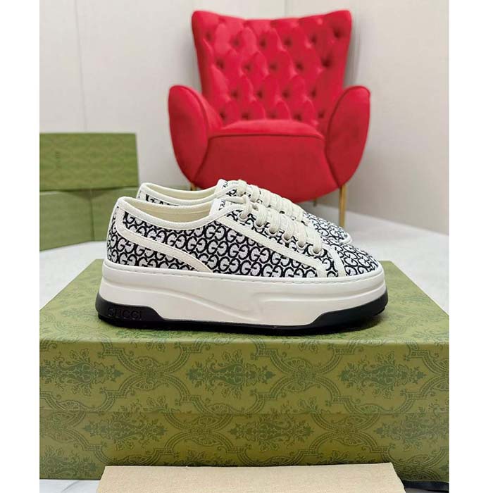 Gucci Unisex GG Sneaker Tennis 1977 Ivory Black Canvas Jacquard Low Heel