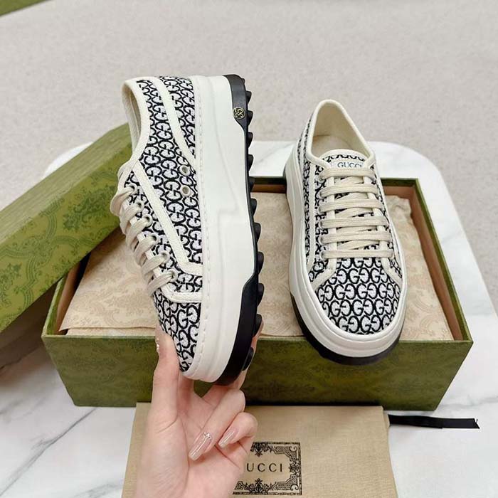 Gucci Unisex GG Sneaker Tennis 1977 Ivory Black Canvas Jacquard Low Heel