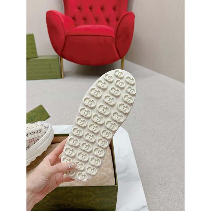 Gucci Unisex GG Sneaker Tennis 1977 Off White Canvas Lamé Crystals Low Heel
