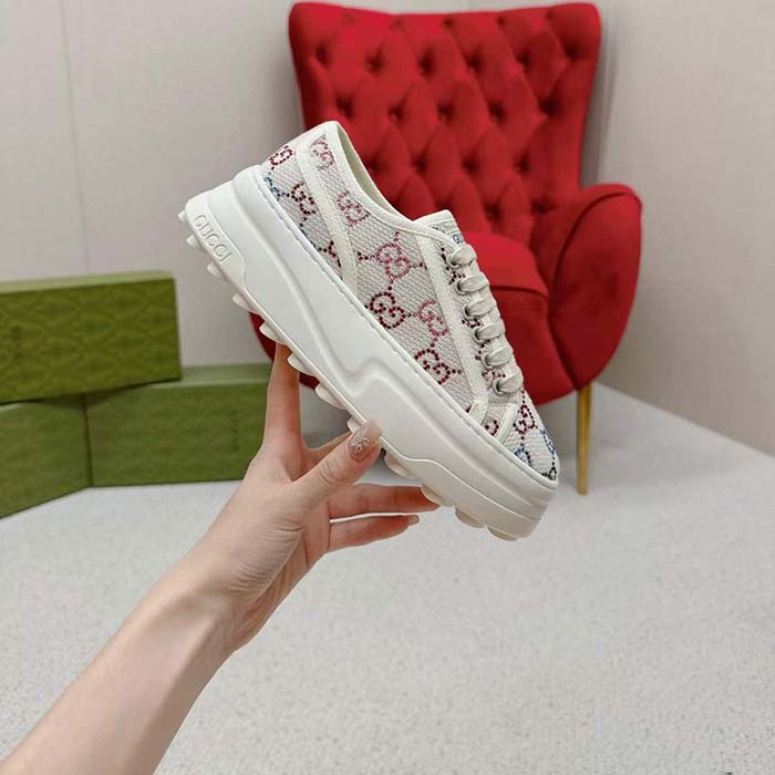 Gucci Unisex GG Sneaker Tennis 1977 Off White Canvas Lamé Crystals Low Heel