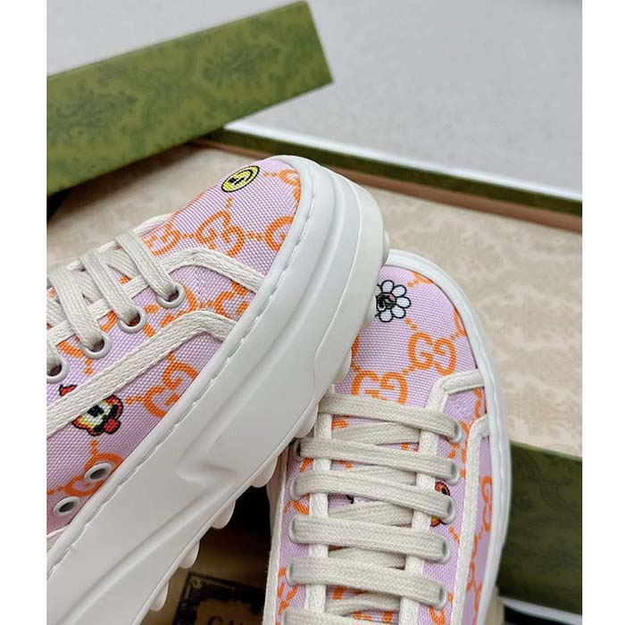 Gucci Unisex GG Sneaker Tennis 1977 Pink Orange Canvas Elements Low Heel