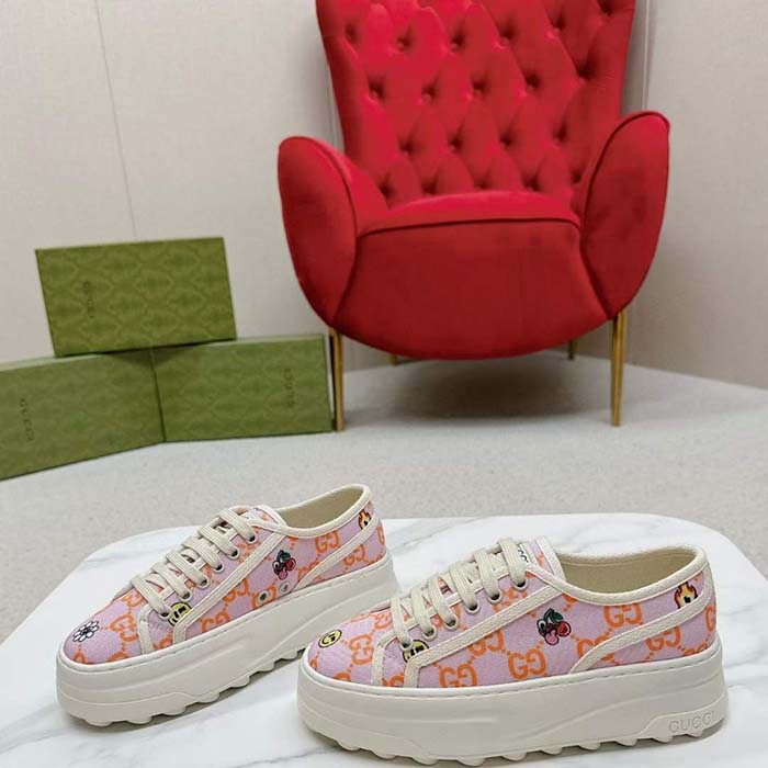 Gucci Unisex GG Sneaker Tennis 1977 Pink Orange Canvas Elements Low Heel