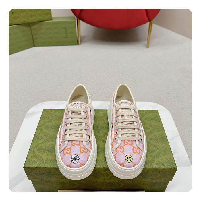 Gucci Unisex GG Sneaker Tennis 1977 Pink Orange Canvas Elements Low Heel
