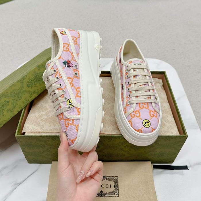 Gucci Unisex GG Sneaker Tennis 1977 Pink Orange Canvas Elements Low Heel