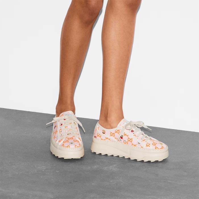 Gucci Unisex GG Sneaker Tennis 1977 Pink Orange Canvas Elements Low Heel