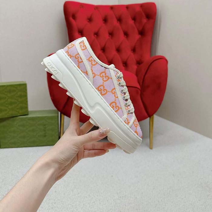 Gucci Unisex GG Sneaker Tennis 1977 Pink Orange Canvas Elements Low Heel