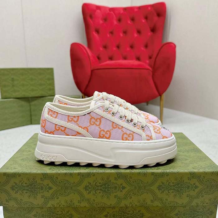 Gucci Unisex GG Sneaker Tennis 1977 Pink Orange Canvas Elements Low Heel