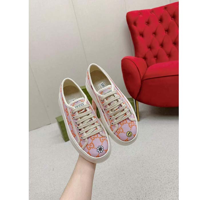 Gucci Unisex GG Sneaker Tennis 1977 Pink Orange Canvas Elements Low Heel