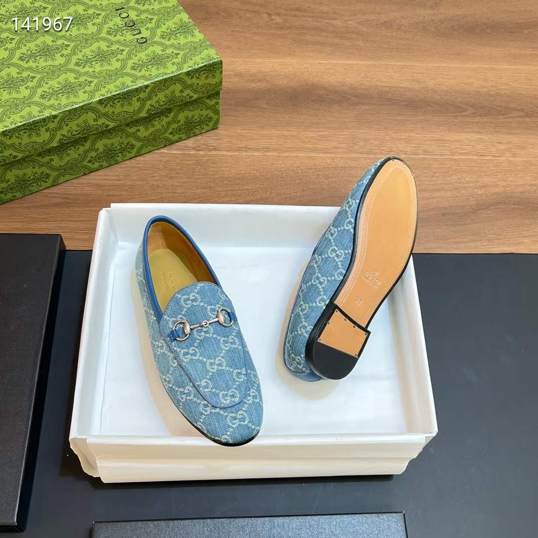 Gucci Unisex Jordaan Loafer Light Blue Ivory GG Denim Horsebit Flat