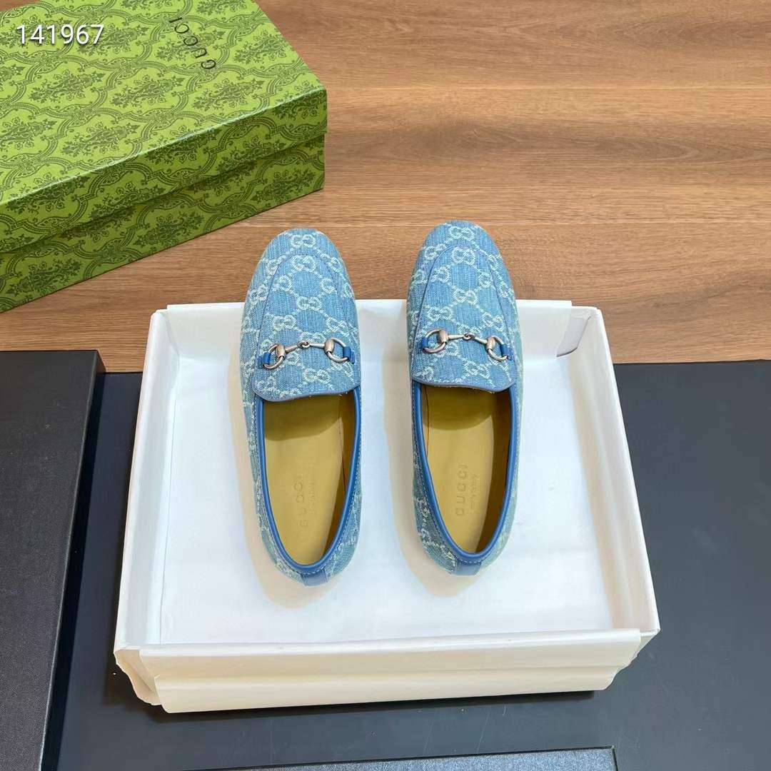 Gucci Unisex Jordaan Loafer Light Blue Ivory GG Denim Horsebit Flat