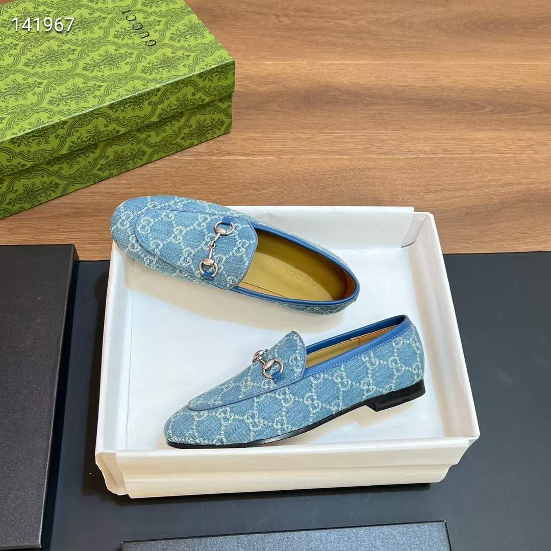 Gucci Unisex Jordaan Loafer Light Blue Ivory GG Denim Horsebit Flat