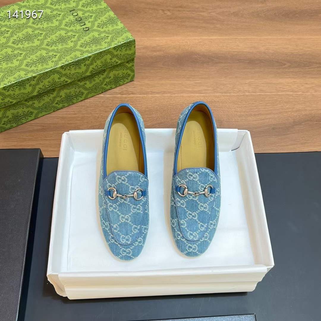 Gucci Unisex Jordaan Loafer Light Blue Ivory GG Denim Horsebit Flat