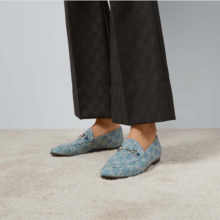 Gucci Unisex Jordaan Loafer Light Blue Ivory GG Denim Horsebit Flat