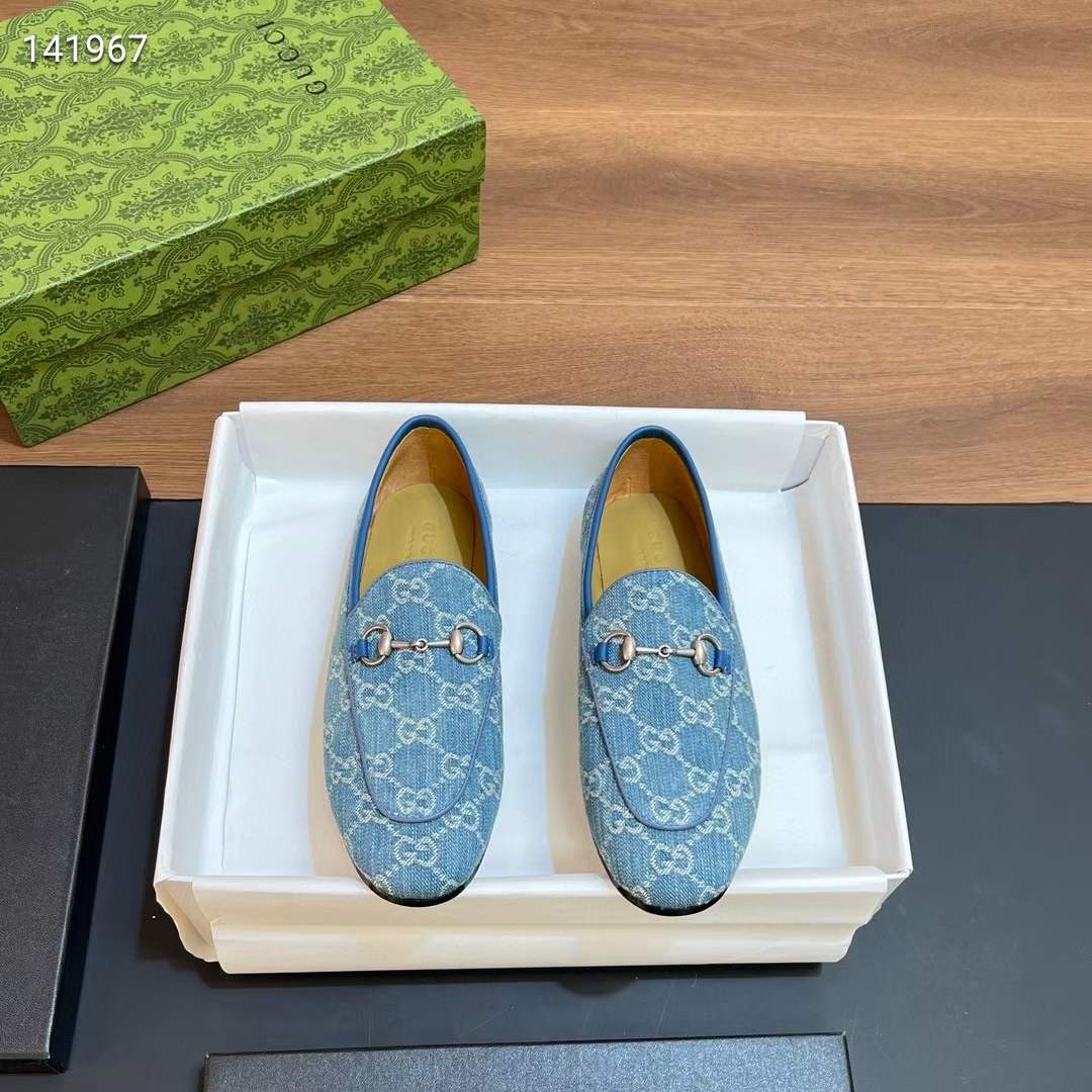 Gucci Unisex Jordaan Loafer Light Blue Ivory GG Denim Horsebit Flat