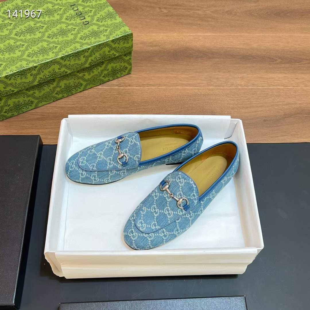Gucci Unisex Jordaan Loafer Light Blue Ivory GG Denim Horsebit Flat