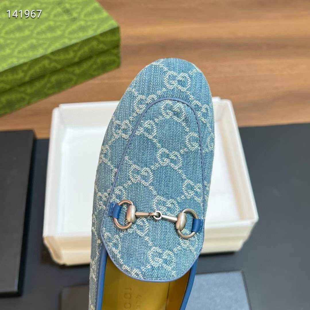 Gucci Unisex Jordaan Loafer Light Blue Ivory GG Denim Horsebit Flat