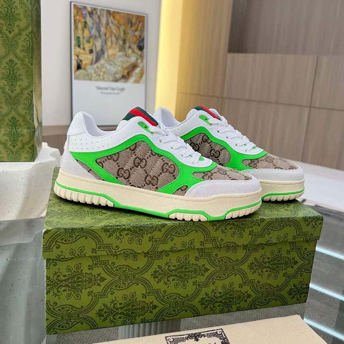 Gucci Unisex Re-Web Sneaker Beige Ebony Original GG Canvas Green Low Heel