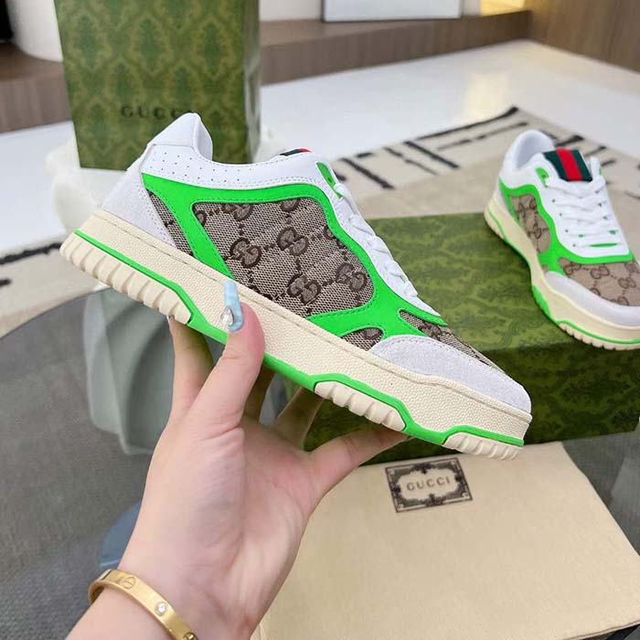 Gucci Unisex Re-Web Sneaker Beige Ebony Original GG Canvas Green Low Heel