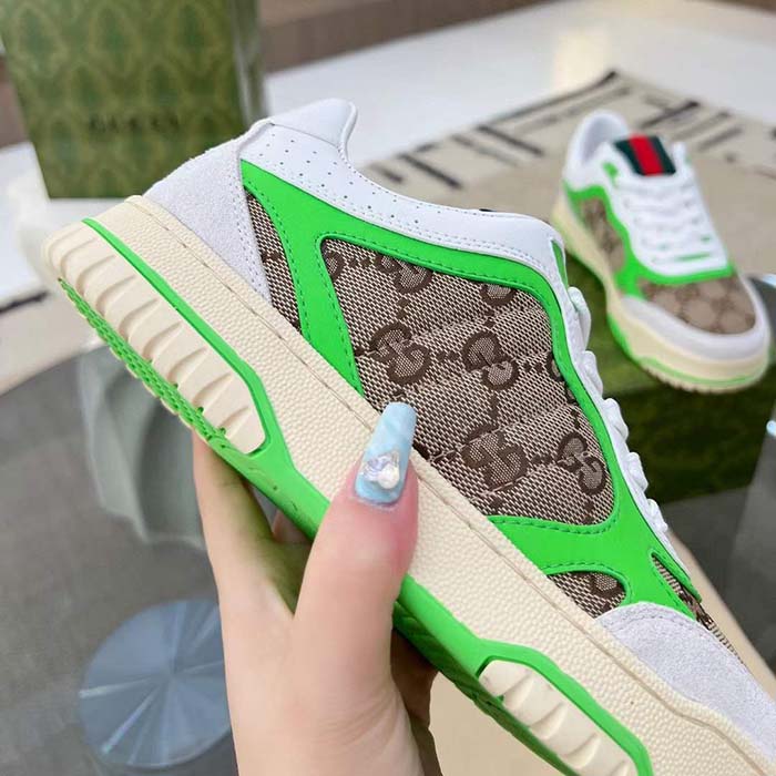 Gucci Unisex Re-Web Sneaker Beige Ebony Original GG Canvas Green Low Heel
