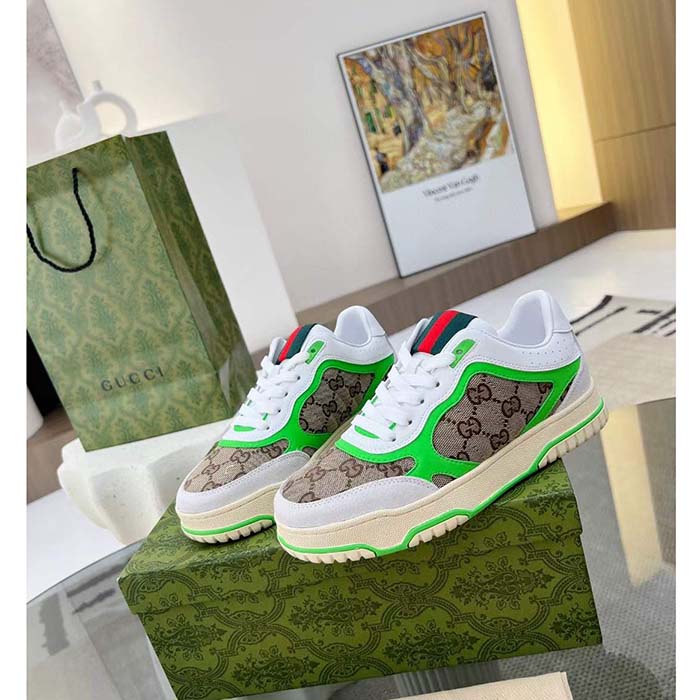 Gucci Unisex Re-Web Sneaker Beige Ebony Original GG Canvas Green Low Heel