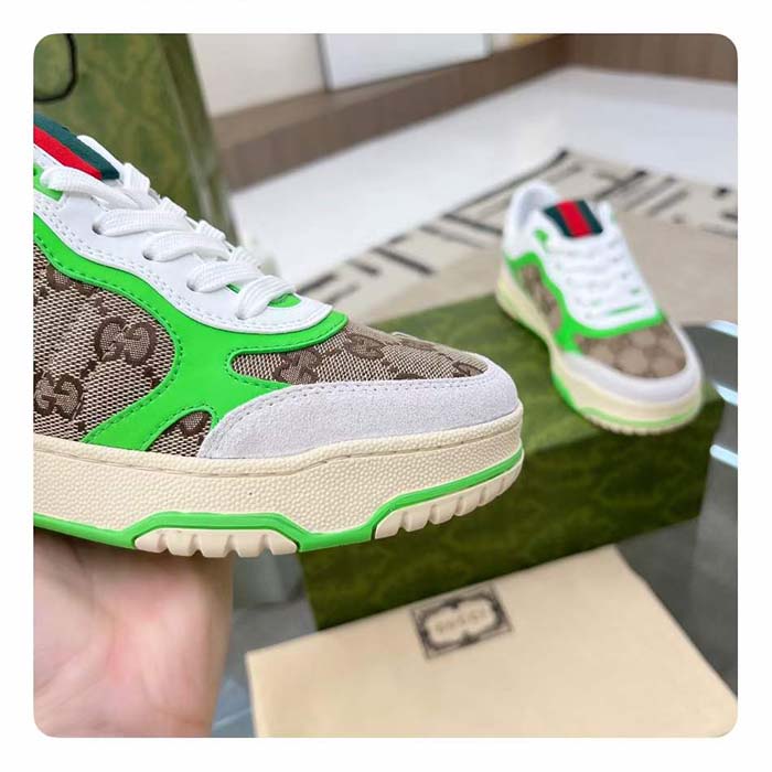 Gucci Unisex Re-Web Sneaker Beige Ebony Original GG Canvas Green Low Heel