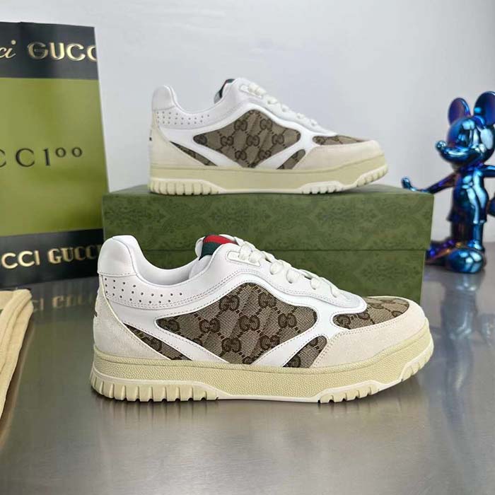 Gucci Unisex Re-Web Sneaker Beige Ebony Original GG Canvas Low 3 CM Heel
