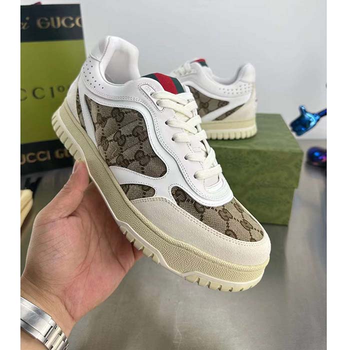 Gucci Unisex Re-Web Sneaker Beige Ebony Original GG Canvas Low 3 CM Heel