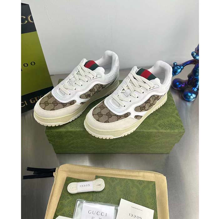 Gucci Unisex Re-Web Sneaker Beige Ebony Original GG Canvas Low 3 CM Heel