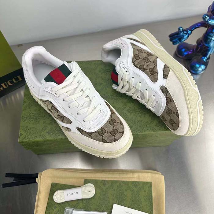 Gucci Unisex Re-Web Sneaker Beige Ebony Original GG Canvas Low 3 CM Heel