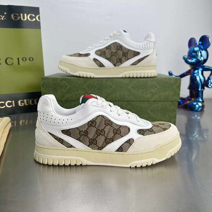Gucci Unisex Re-Web Sneaker Beige Ebony Original GG Canvas Low 3 CM Heel