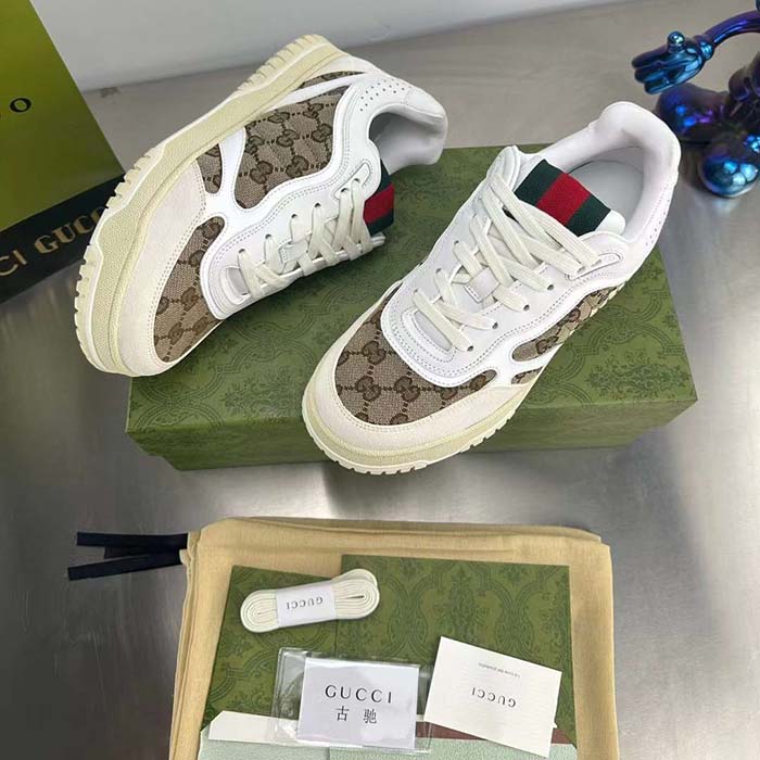 Gucci Unisex Re-Web Sneaker Beige Ebony Original GG Canvas Low 3 CM Heel