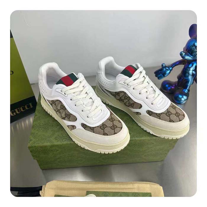 Gucci Unisex Re-Web Sneaker Beige Ebony Original GG Canvas Low 3 CM Heel