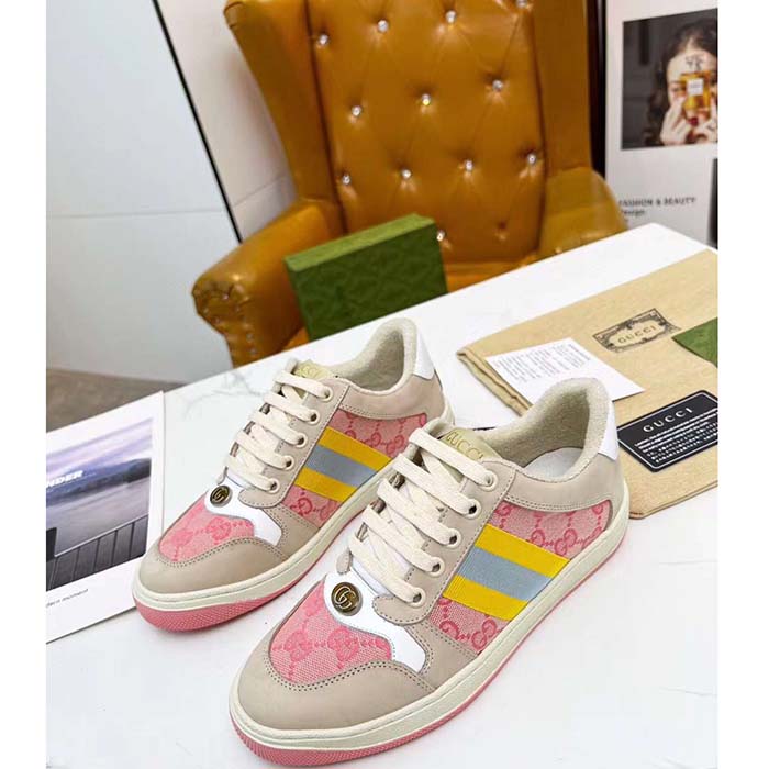Gucci Unisex Screener GG Sneaker Light Pink GG Canvas Beige Suede