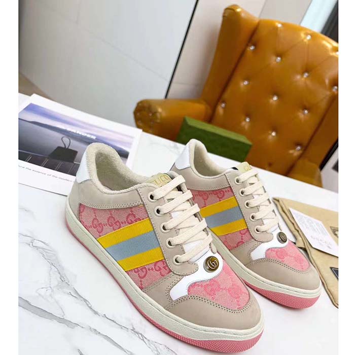Gucci Unisex Screener GG Sneaker Light Pink GG Canvas Beige Suede