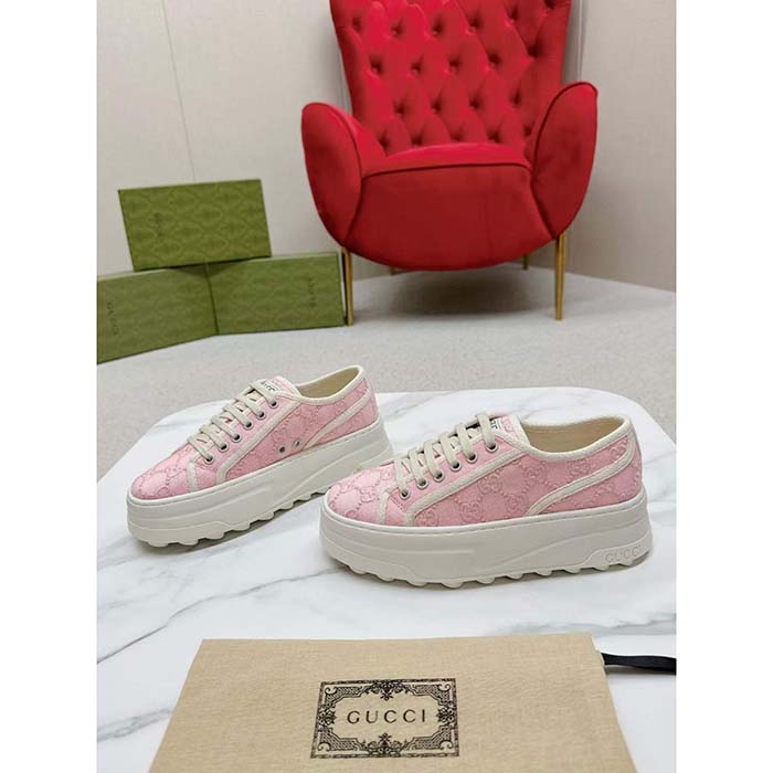 Gucci Unisex Tennis 1977 Sneaker Light Pink Canvas GG Embroideries Mid-Heel