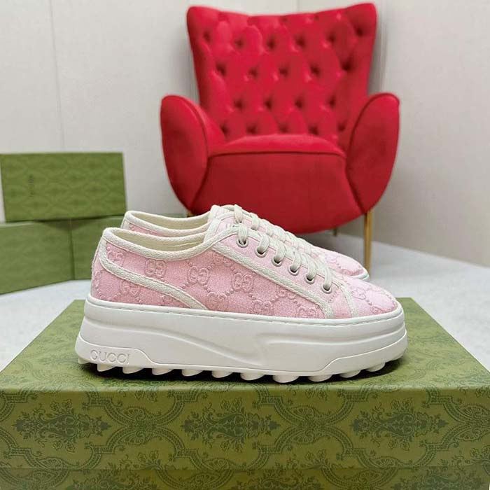 Gucci Unisex Tennis 1977 Sneaker Light Pink Canvas GG Embroideries Mid-Heel