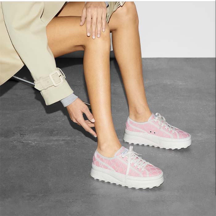 Gucci Unisex Tennis 1977 Sneaker Light Pink Canvas GG Embroideries Mid-Heel