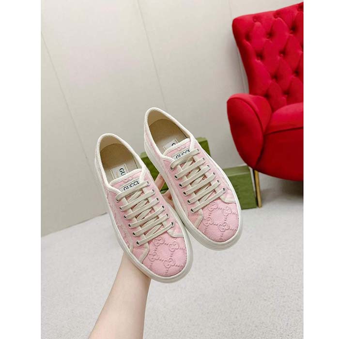 Gucci Unisex Tennis 1977 Sneaker Light Pink Canvas GG Embroideries Mid-Heel