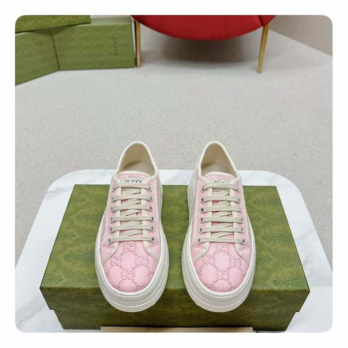 Gucci Unisex Tennis 1977 Sneaker Light Pink Canvas GG Embroideries Mid-Heel