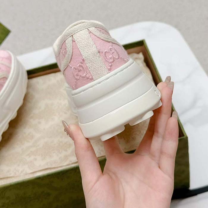 Gucci Unisex Tennis 1977 Sneaker Light Pink Canvas GG Embroideries Mid-Heel