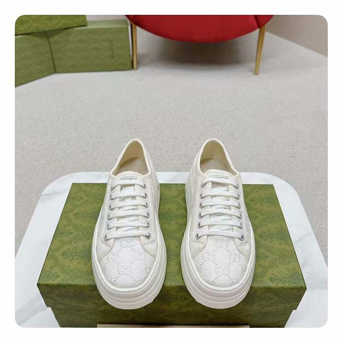 Gucci Unisex Tennis 1977 Sneaker Off White Canvas GG Embroideries Mid-Heel