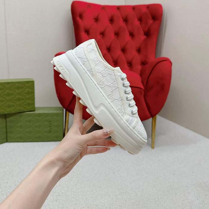 Gucci Unisex Tennis 1977 Sneaker Off White Canvas GG Embroideries Mid-Heel