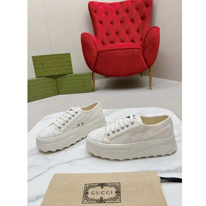 Gucci Unisex Tennis 1977 Sneaker Off White Canvas GG Embroideries Mid-Heel