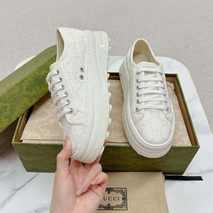 Gucci Unisex Tennis 1977 Sneaker Off White Canvas GG Embroideries Mid-Heel