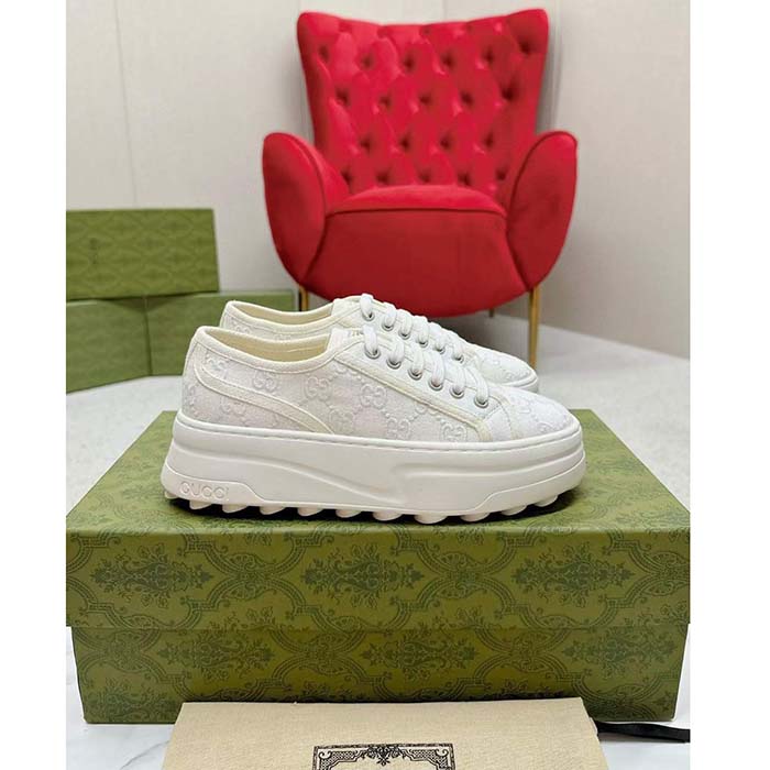 Gucci Unisex Tennis 1977 Sneaker Off White Canvas GG Embroideries Mid-Heel