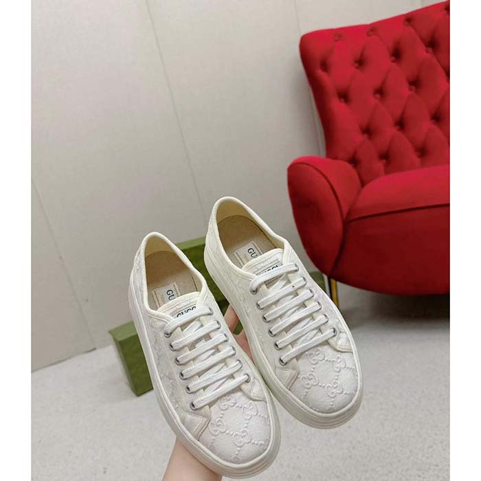 Gucci Unisex Tennis 1977 Sneaker Off White Canvas GG Embroideries Mid-Heel