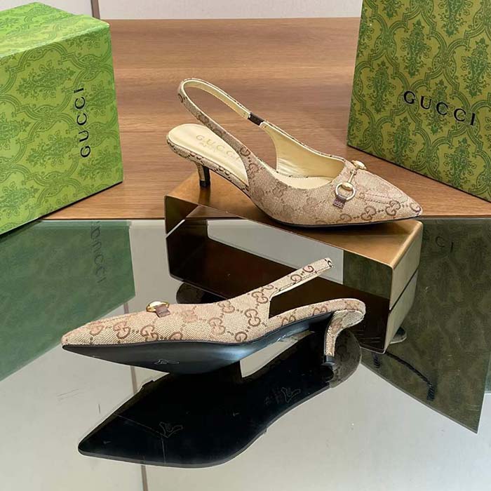 Gucci Women GG Canvas Slingback Pump Beige Ebony Horsebit Low Heel